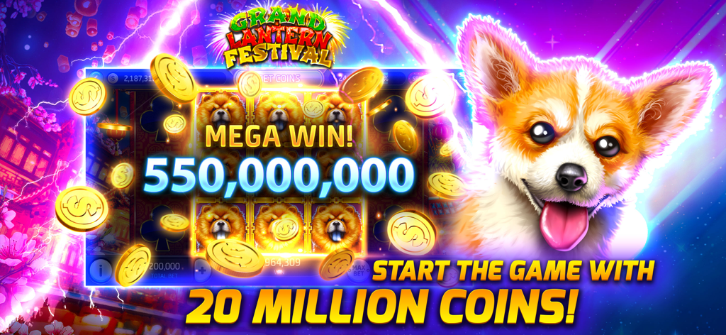 Jackpot Zoo™ Slots Casino Game - Jackpot Zoo Slots Casino Game mega win screen featuring a cute puppy and start bonus offer