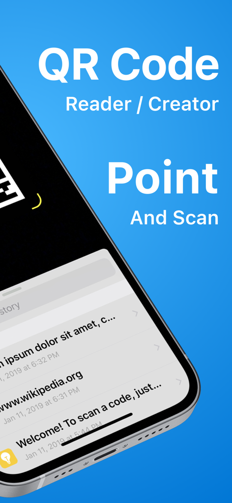 QR Pro app interface displaying QR code reader and scan history