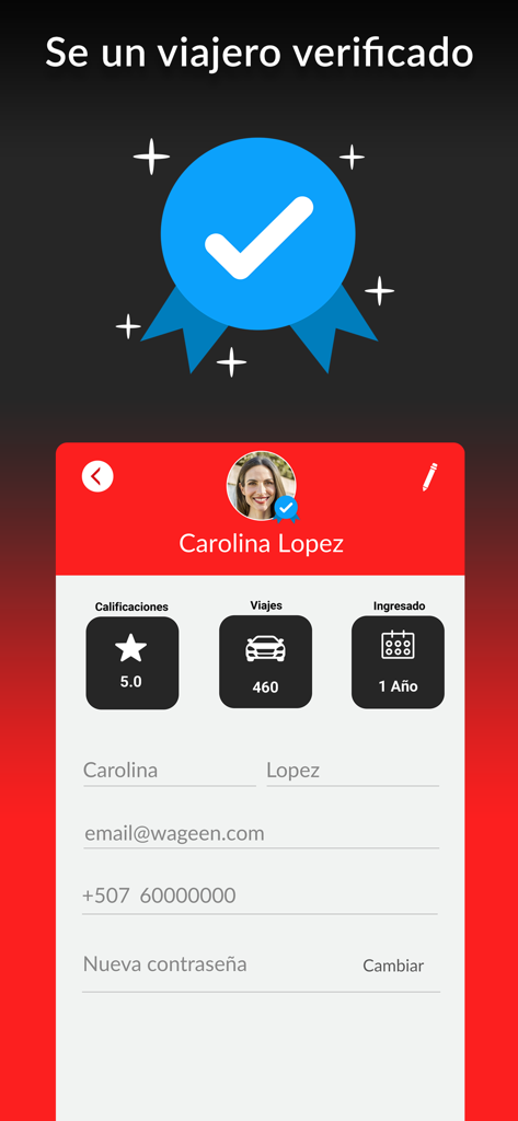Wageen: Pide tu viaje - Wageen app interface displaying a verified user profile with a 5.0 star rating and trip history.