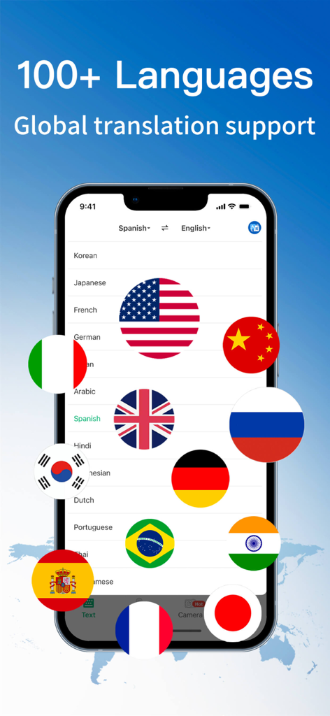 Global Translator-AI Translate - Global Translator app interface showing support for over 100 languages with international flags