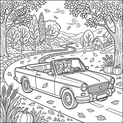 Embark on a joyful autumn journey with this charming convertible coloring page, featuring two happy travelers enjoying the scenic fall foliage. Bring this picturesque scene to life with your favorite warm hues and create a vibrant masterpiece.