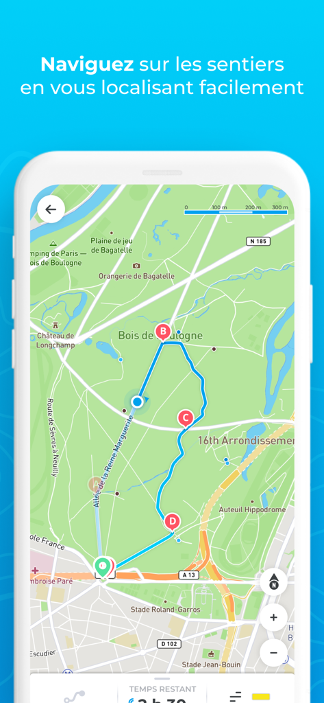 Helloways - GPS de randonnée - Interfaz de navegación GPS de la aplicación Helloways que muestra una ruta de senderismo en un mapa