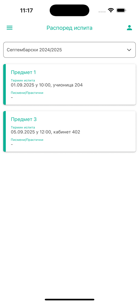 M-Indeks - M-Indeks app interface displaying a student exam schedule with subject names and dates