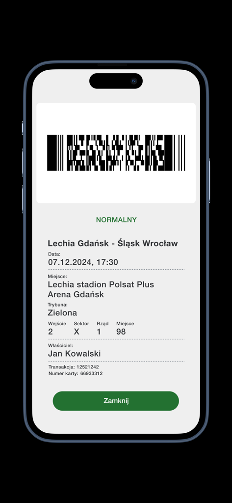 Bilety Lechia Gdańsk - Biglietto digitale per la partita con codice a barre e informazioni sul posto nell'app Bilety Lechia Gdansk