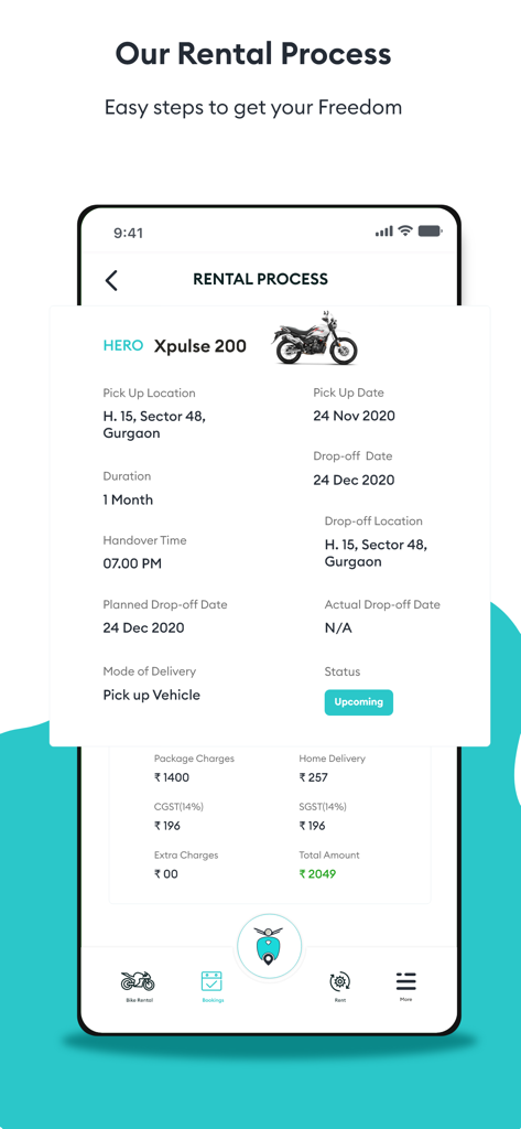Freedo Rentals - Summary of a monthly motorbike rental booking on the Freedo Rentals app including location and price details.