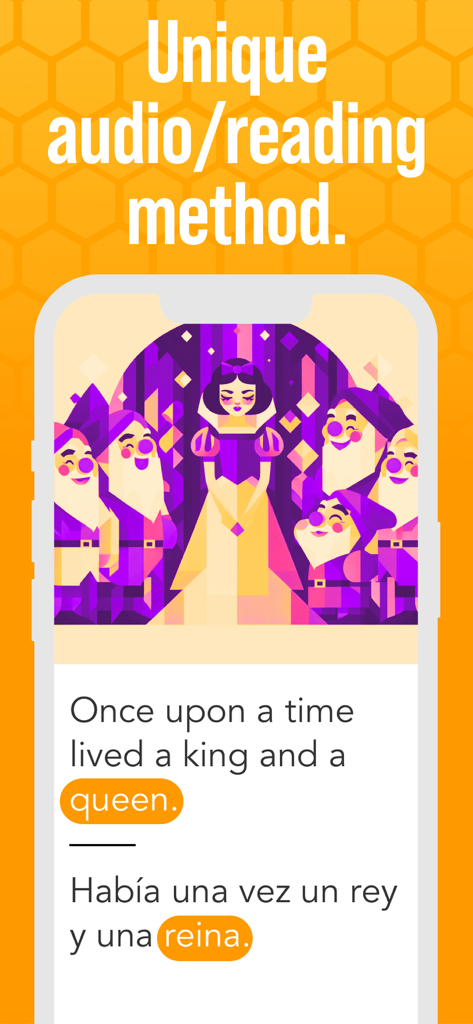 Beelinguapp: Language Learning - Beelinguapp mobile interface showing parallel text translation in English and Spanish with a story illustration