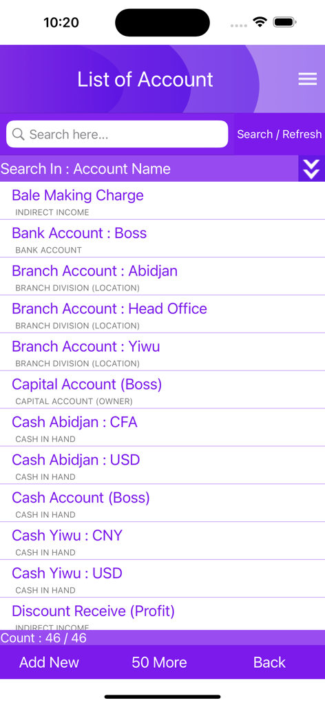 SpiderNet Online ERP System - Écran de liste des comptes SpiderNet Online ERP System affichant divers comptes d'entreprise et succursales