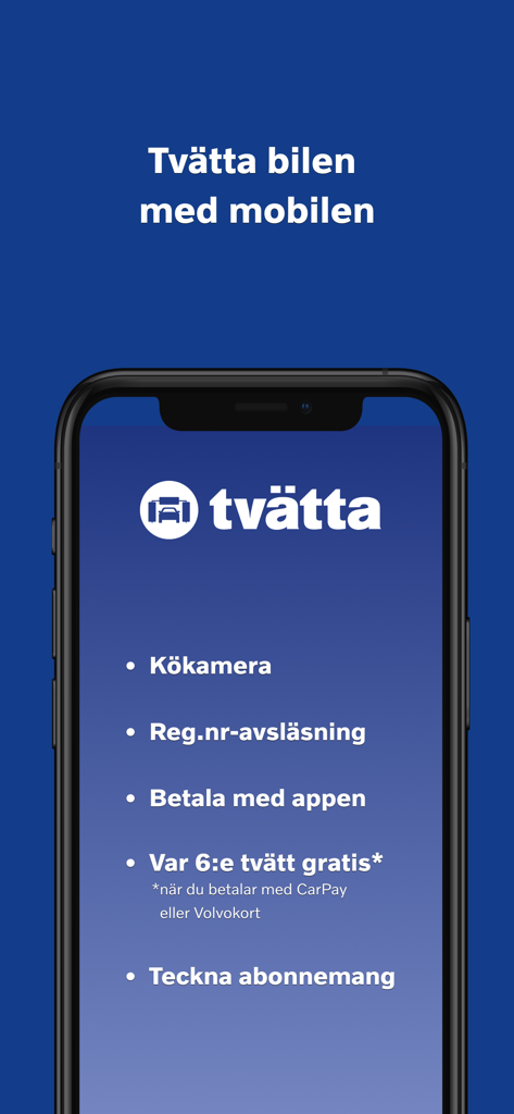 A mobile phone displaying the Tvatta Biltvatt app interface with a list of features including queue camera and license plate recognition