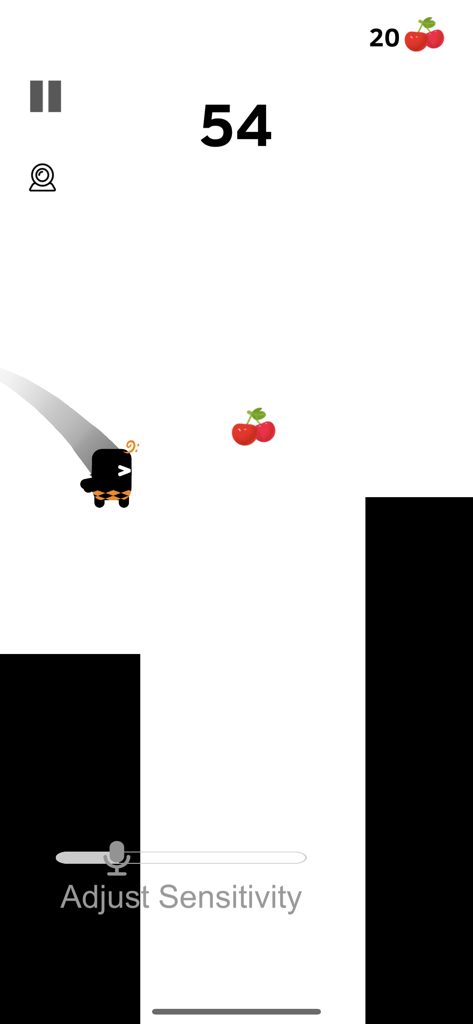 Interfaz del juego Scream Go Hero que muestra a un personaje saltando entre plataformas con una barra de ajuste de sensibilidad del micrófono.