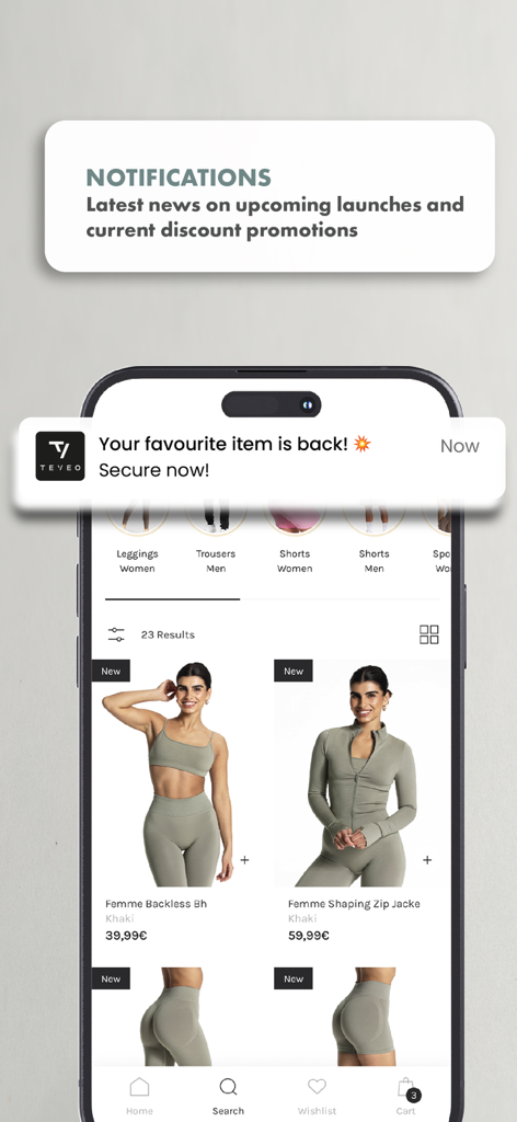 TEVEO mobile app interface displaying a push notification for a restocked item over a selection of women's activewear.
