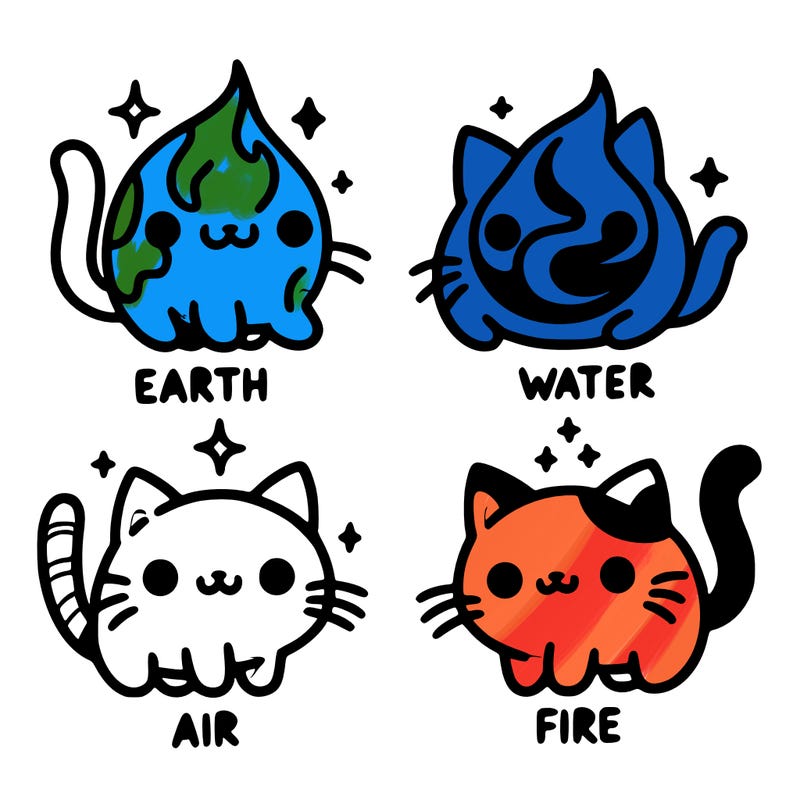 4 cats that represent the different elements, earth, water, air, and fire