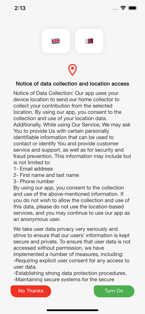Bildschirm mit Datenschutz- und Standortzugriffshinweis in der humanitären QRCS-App mit Sprachauswahl und Zustimmungsbuttons.