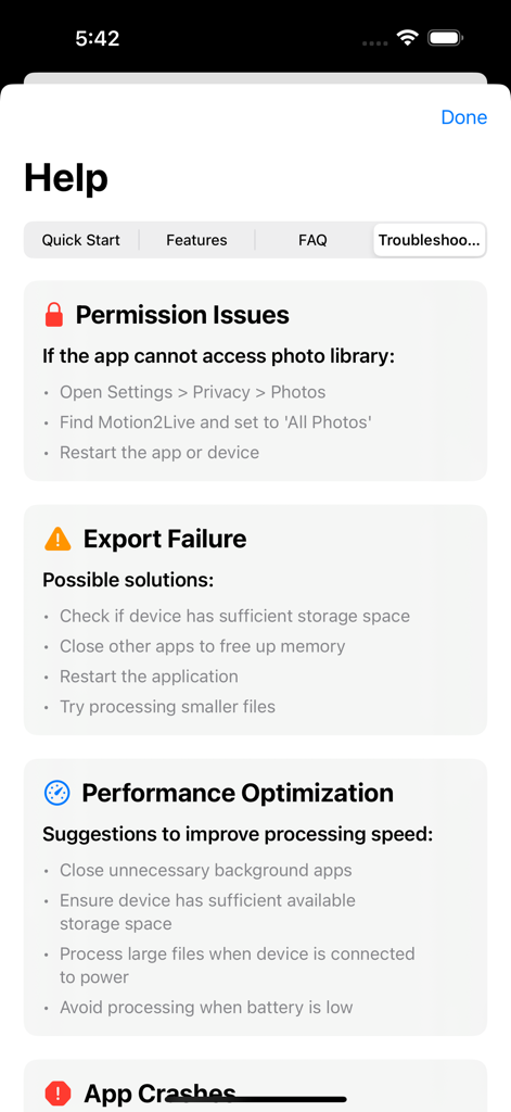 Troubleshooting screen of the Motion2Live app providing help for permission issues and performance optimization.
