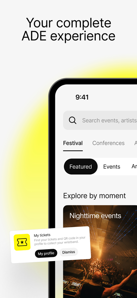 Mobile app interface for Amsterdam Dance Event showing festival categories and ticket information