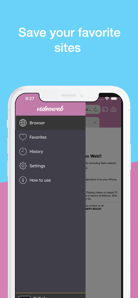 Video Web - Video Player - Video Web app on iPhone showing the side menu with Favorites and History options