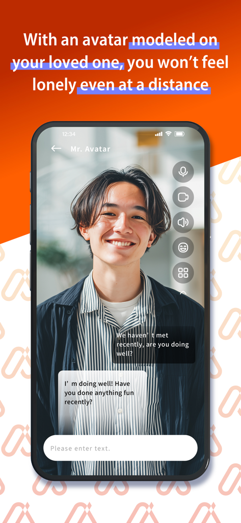 Chat interface of the AI Avatar app featuring a smiling male companion and conversational text bubbles.
