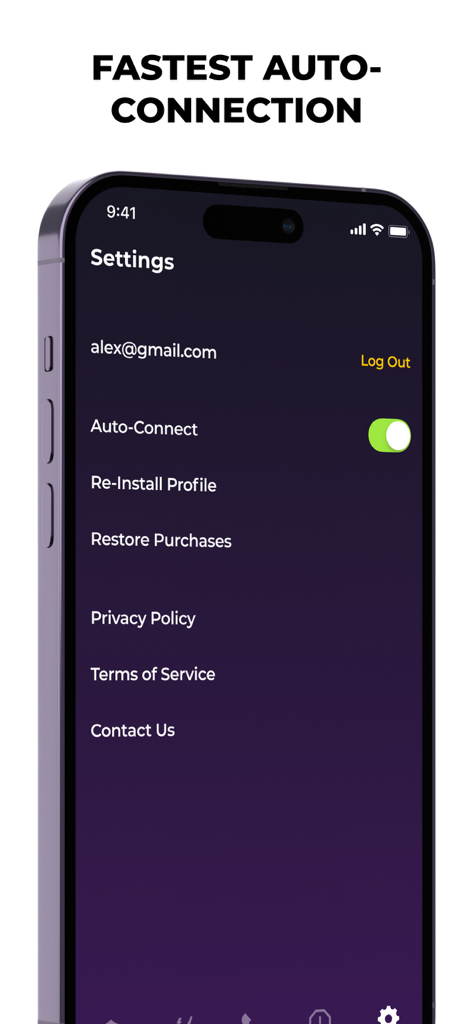 Tela de configurações do aplicativo Louna System mostrando o recurso de conexão automática de VPN ativado em um iPhone