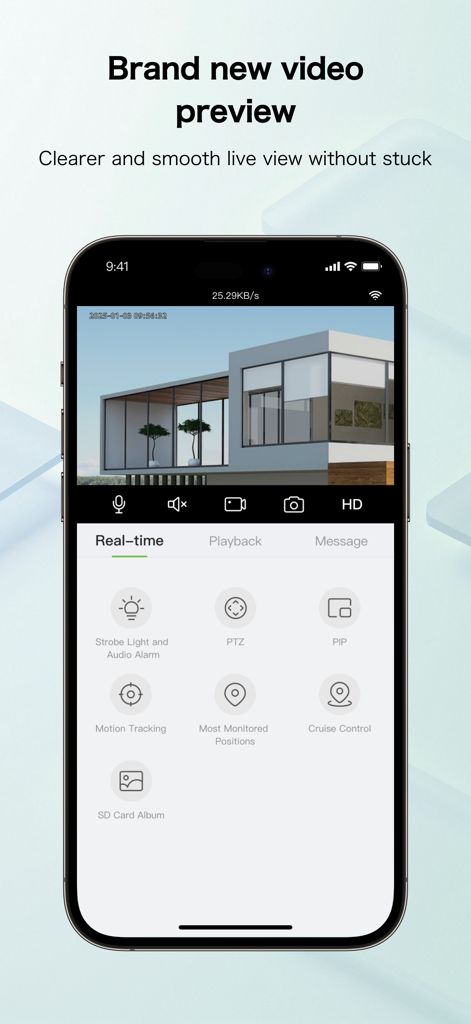 AiCAM: AI Powered IP Camera - AiCAM smart home security app showing a live video preview and camera controls on a smartphone