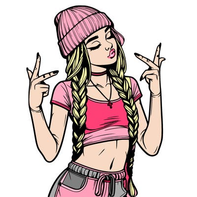 realistic teenage girl with braids and a beanie and crop top doing 🫶🏼