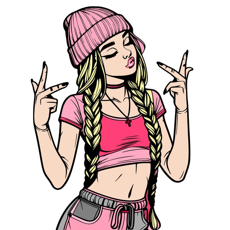realistic teenage girl with braids and a beanie and crop top doing 🫶🏼