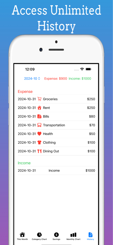 Budget App , Expense Tracker - Una pantalla de smartphone que muestra una lista categorizada de gastos e ingresos para el mes de octubre en la App de Presupuesto.