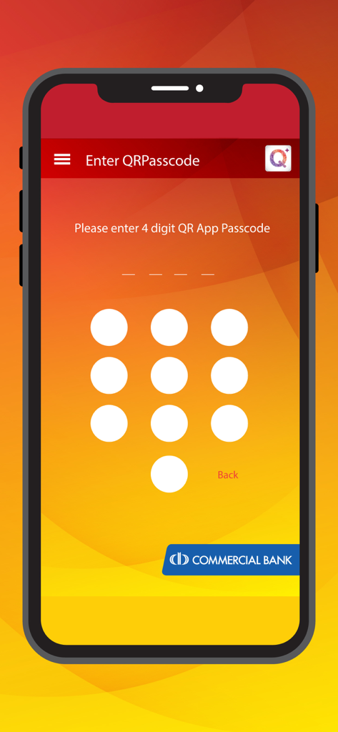 Secure 4-digit passcode entry screen for the ComBank Q Plus payment app on a mobile device.