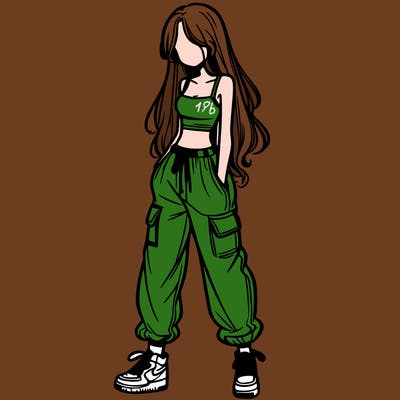 girl in baggy pants crop top and long hair