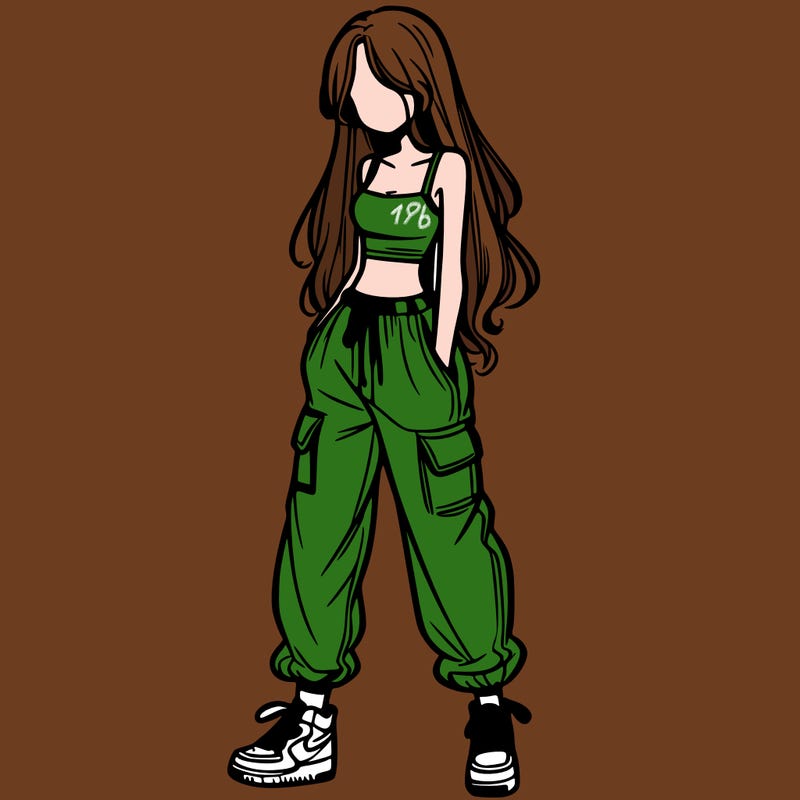 girl in baggy pants crop top and long hair