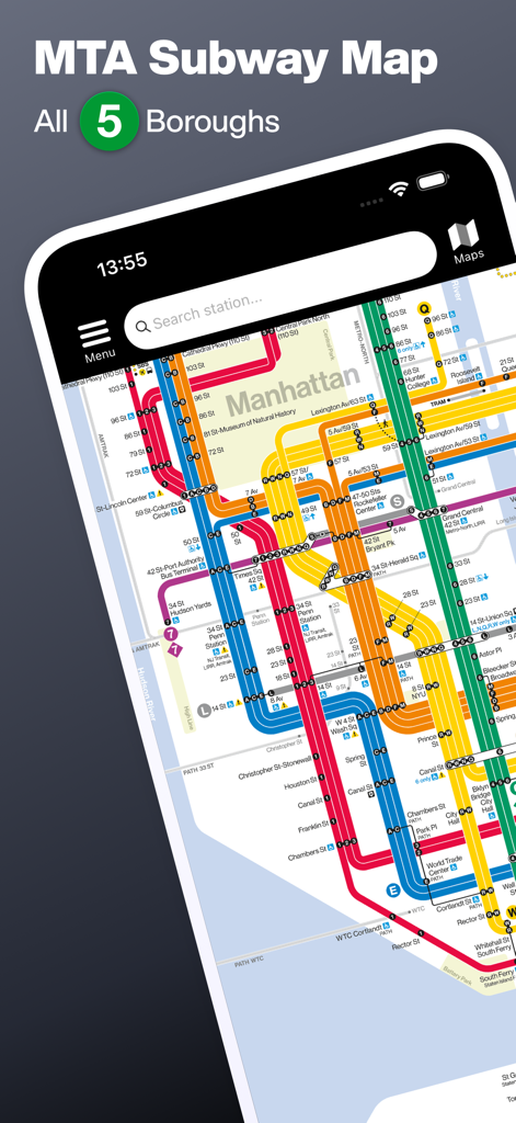 Official MTA subway map for New York City displayed on a mobile app interface