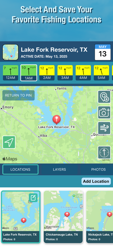 BassForce: Bass Fishing Guide - Map interface of BassForce showing Lake Fork Reservoir with hourly wind speed forecasts and saved fishing locations.