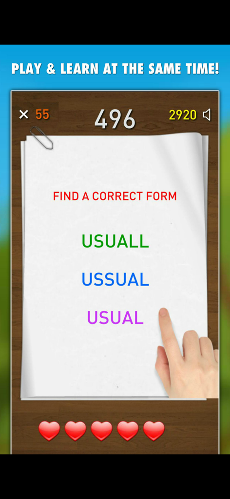 Spelling test game interface showing multiple choice word options on a digital notepad