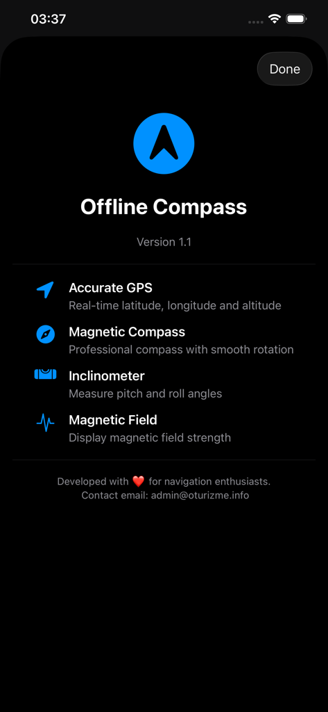 Offline Compass - Detailed features list of the Offline Compass app including GPS, magnetic compass, inclinometer, and magnetic field strength.