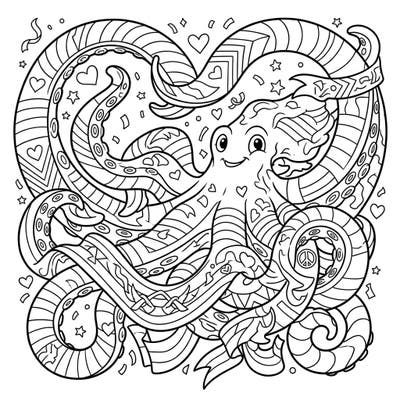 Dive into a world of love and diversity with this engaging tentacled creature coloring page. This intricate design, featuring a cheerful octopus surrounded by festive Pride symbols, offers a unique way to celebrate community and creativity.