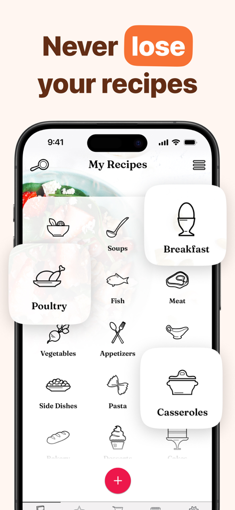 Recipe Keeper Box - OrganizEat - OrganizEat app interface showing organized recipe categories like breakfast poultry and soups with minimalist icons