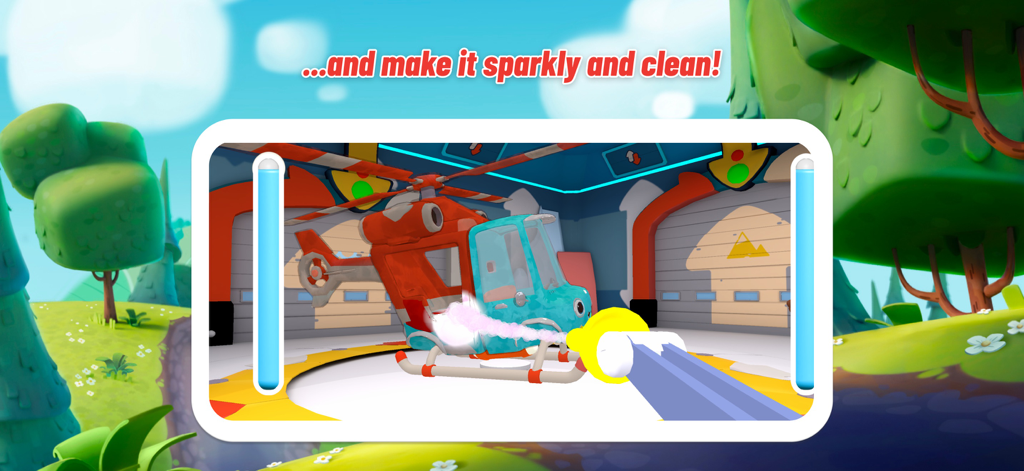 Meet Mojo Swoptops - Mojo the red helicopter being cleaned and polished with pink foam in a garage.