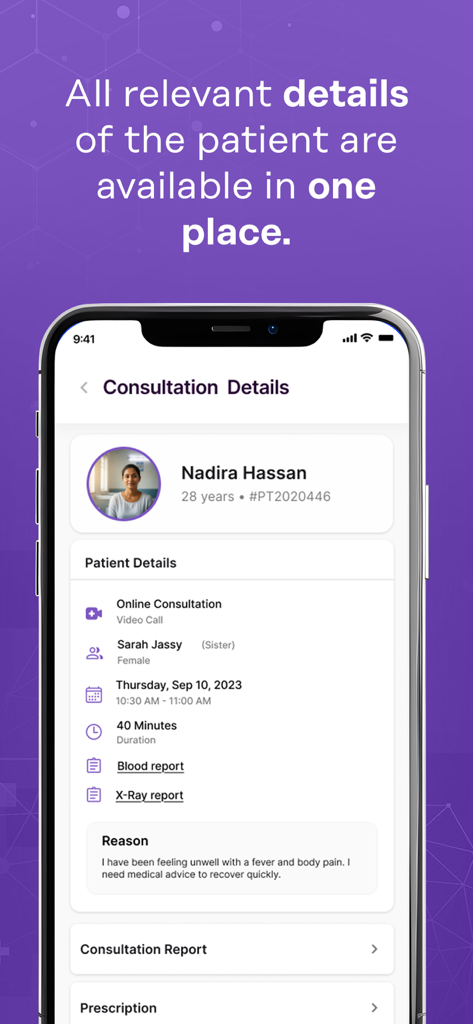 MediMan Doctor - Screenshot of the MediMan Doctor app showing a comprehensive patient consultation profile including appointment time, medical reports, and reason for visit.