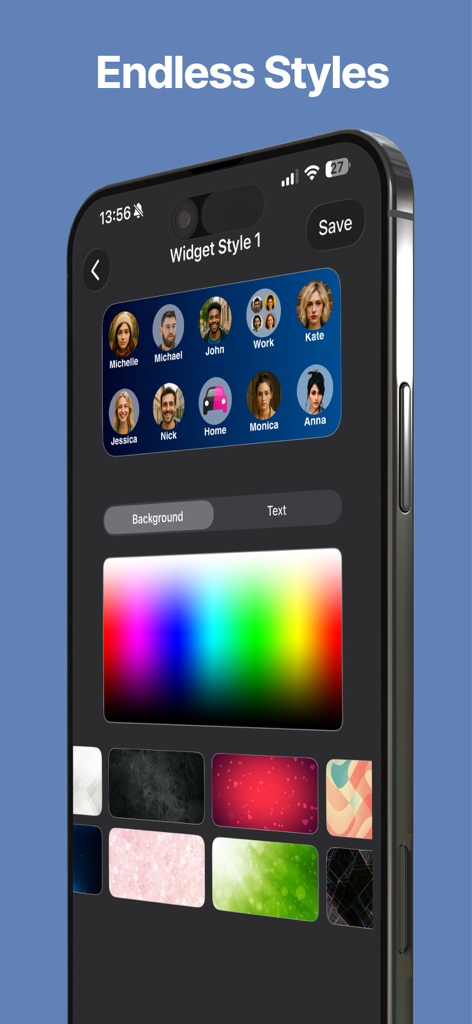 Favorites Widget Pro - An iPhone interface showing the style customization screen for a favorites widget with various background colors and patterns