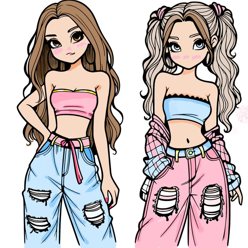 2 girls in crop tops and baggy jeans ripped