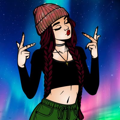 realistic teenage girl with braids and a beanie and crop top doing 🫶🏼