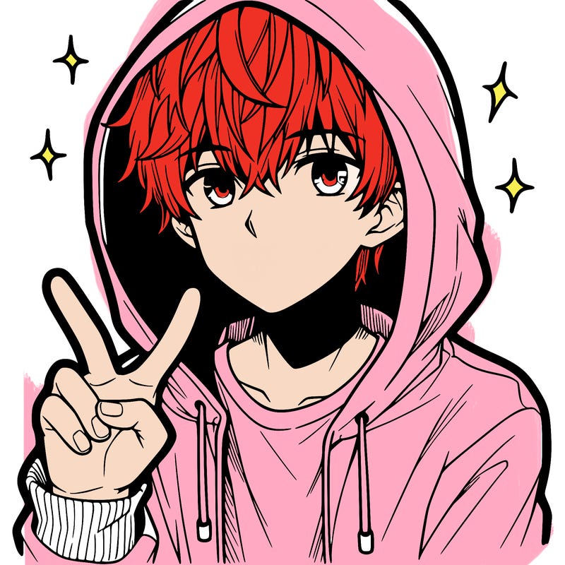 teenage manga boy in a hoodie, doing ✌