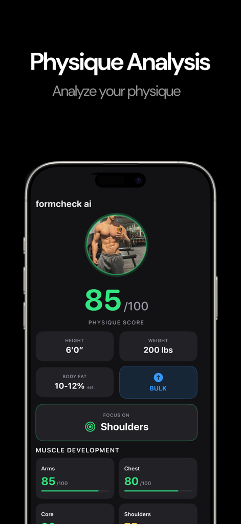 FormCheck AI physique analysis dashboard showing a physique score of 85 and muscle development stats.