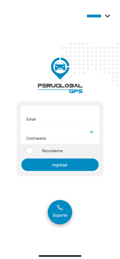 PERUGLOBAL GPS - Login screen for the PERUGLOBAL GPS satellite tracking app featuring email and password fields
