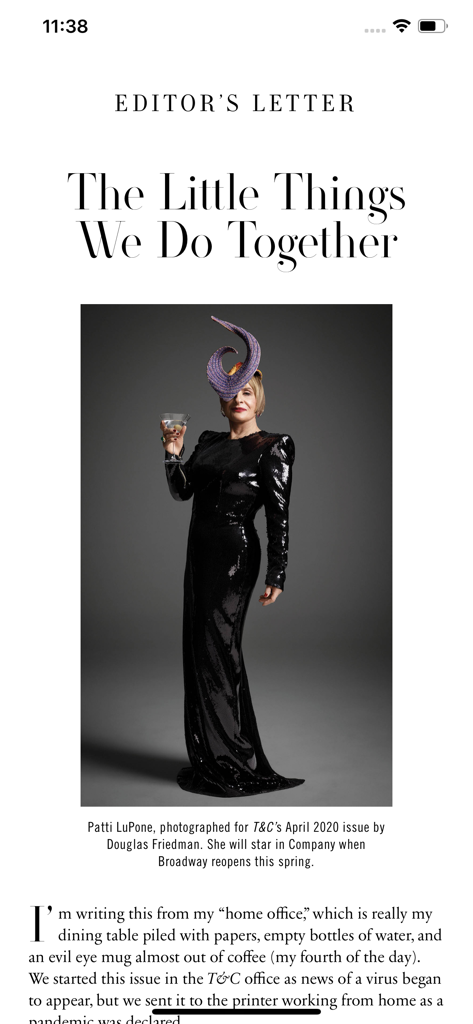 Town & Country Magazine US - Screenshot of the Town and Country Magazine app showing the Editor Letter featuring Patti LuPone