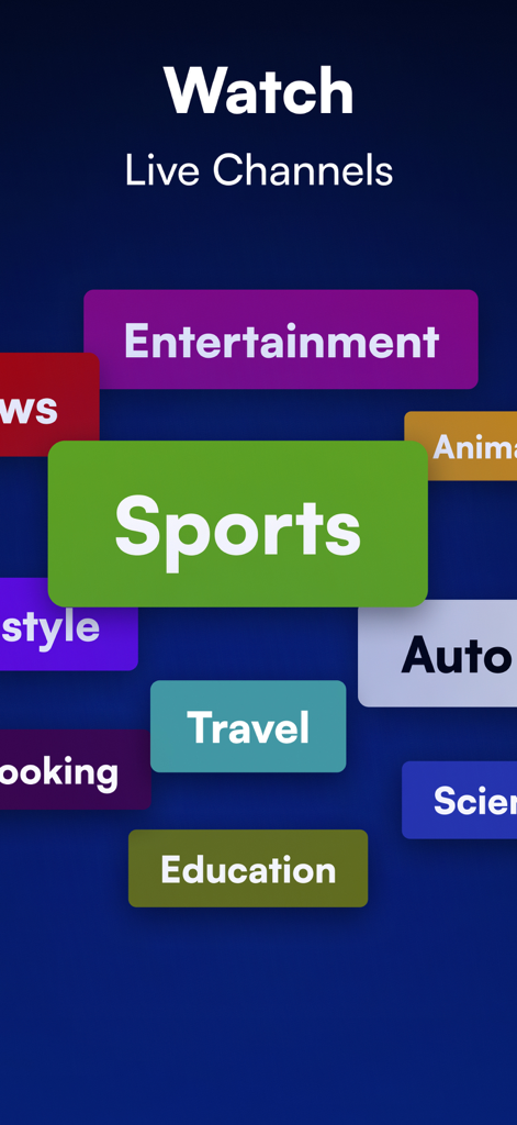 IPTV Stream Smart IP TV Player - User interface showing various live TV channel categories like Sports and Entertainment in the IPTV Stream app