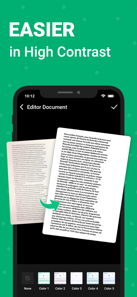 Interface de l'application scanner de documents OKEN montrant la fonction d'édition de documents à contraste élevé.