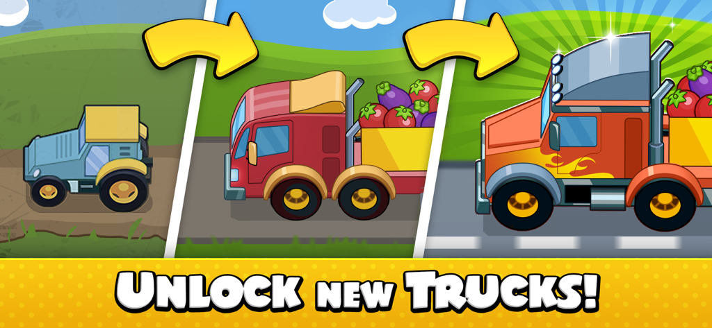 Idle Farm Tycoon - Merge Game - A graphic showing three levels of transport truck upgrades in the Idle Farm Tycoon game from a small tractor to a large semi truck.