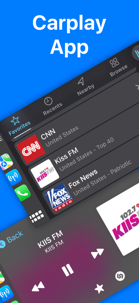 FM Radio App - FM Radio App interface on Apple CarPlay showing a list of favorite stations and playback controls for live radio.