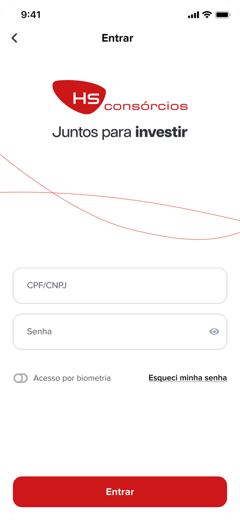 Login screen of the HS Consorcios app with fields for CPF and password