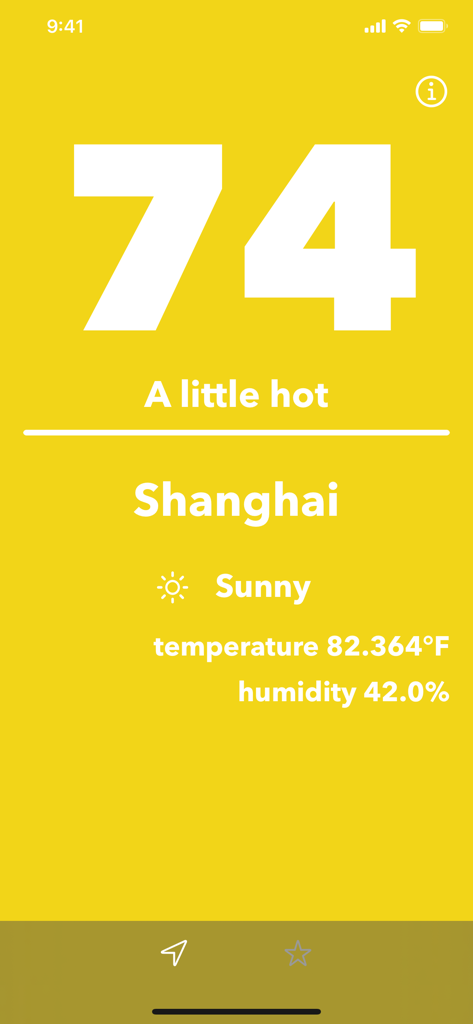 Feel - View weather comfort - Feel weather app displaying a heat index of 74 and sunny conditions in Shanghai