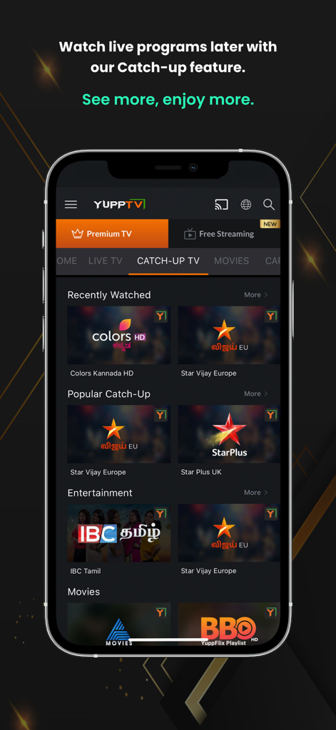 YuppTV - Live TV & Movies - YuppTV app screenshot showing the Catch-up TV feature with Indian regional channels like Colors Kannada and Star Vijay